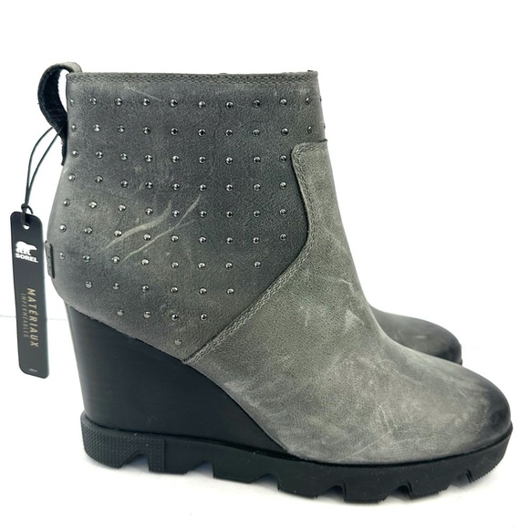 NWT Sorel leather waterproof Joan Uptown gray stud bootie ankle boots wedge 7.5 - Picture 1 of 15
